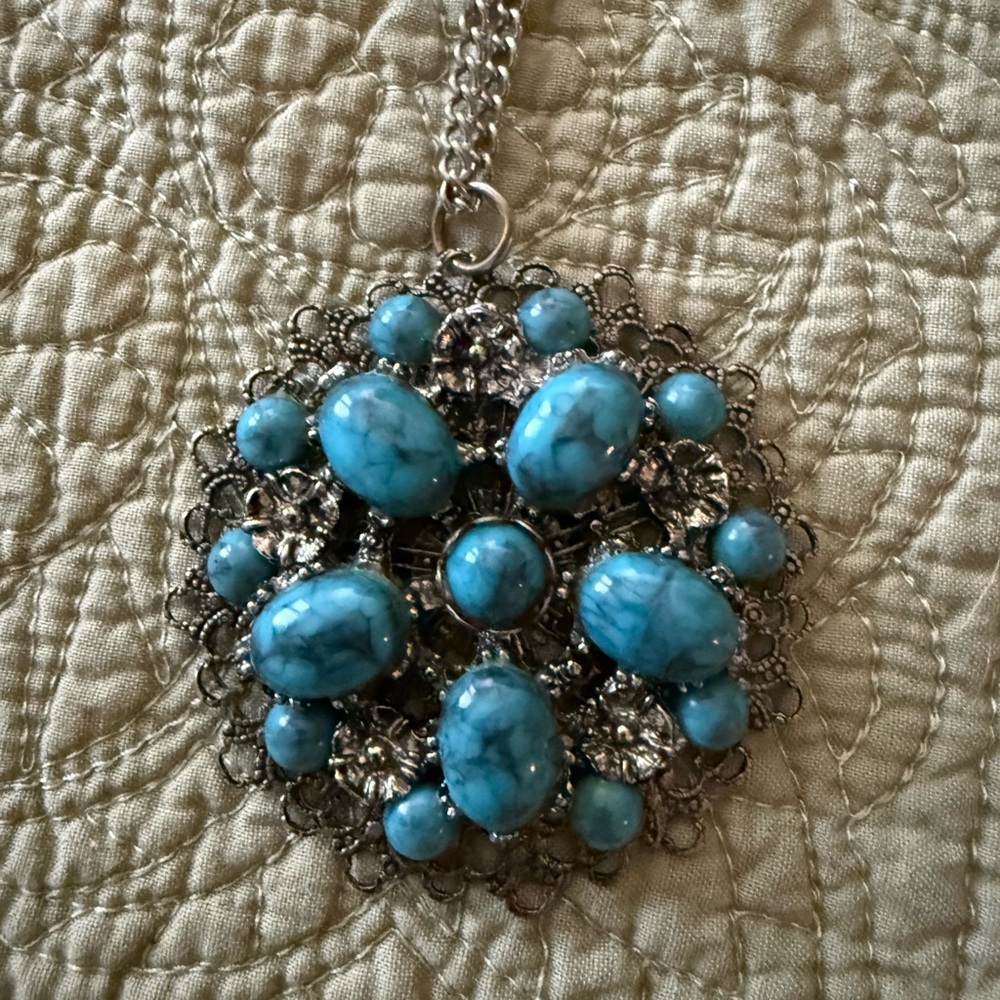 Vintage Blue and Silver Pendant Statement Necklace